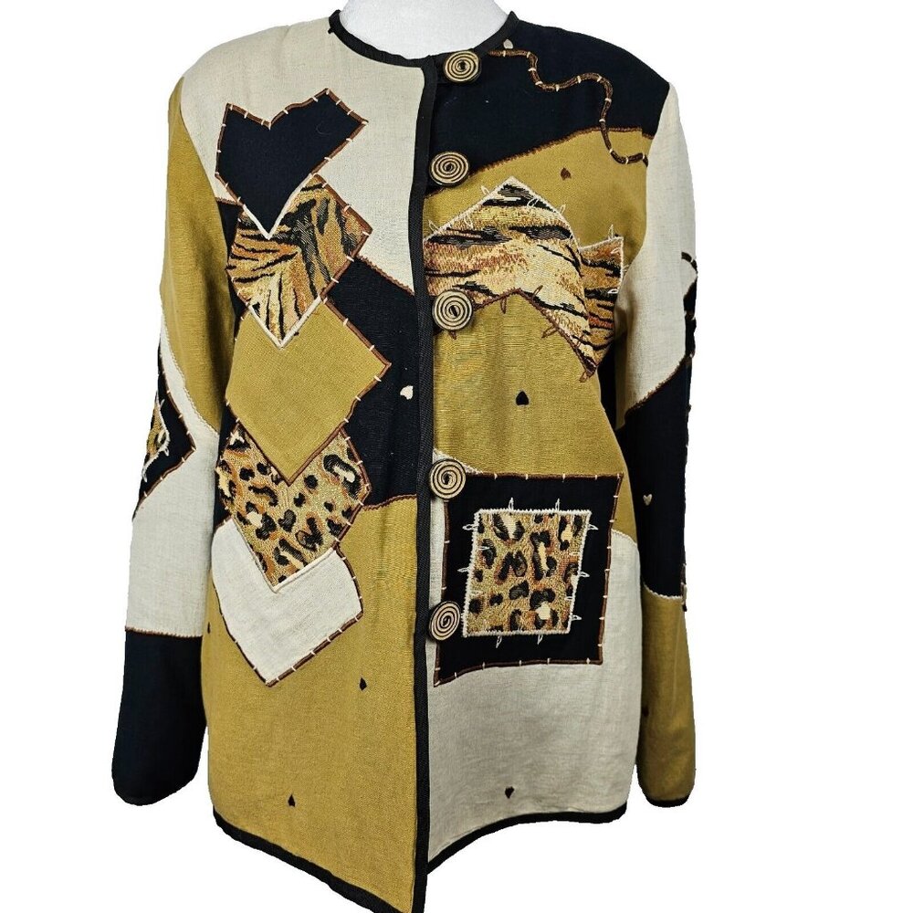 VTG Grandmacore Patchwork Retro Bold‎ Abstract Cheetah Gold Black Cardigan S